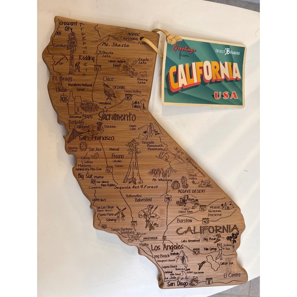 Totally Bamboo Destination California State Shaped Cutting Board Laser Etched